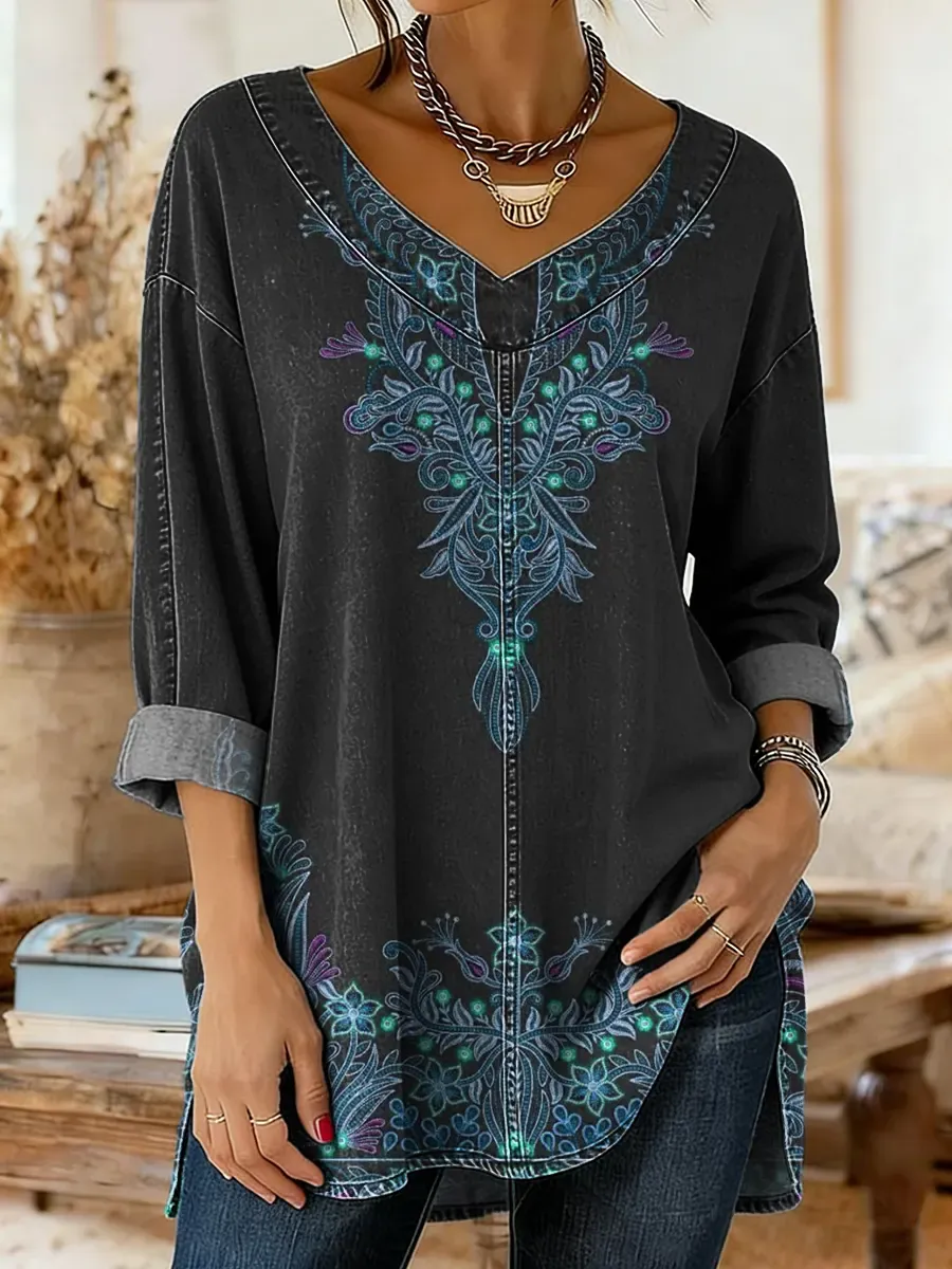 Retro Ethnic Pattern Art Print Casual Washed Denim Cotton Top