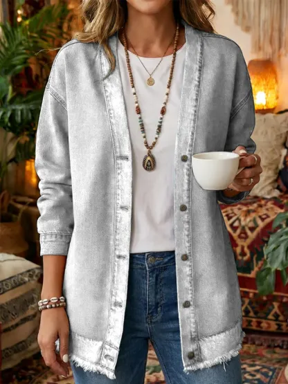 Women's Art Print Casual Long Sleeve Denim Shirt Coat