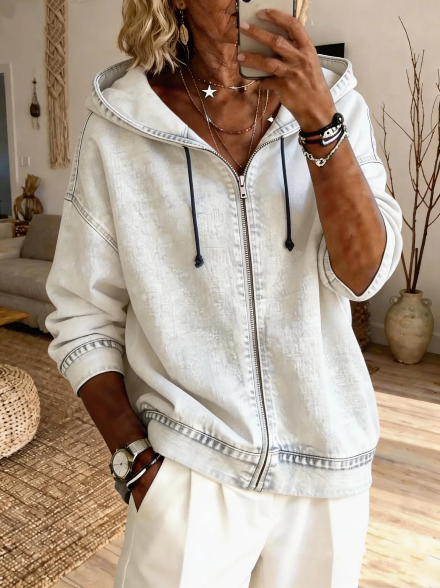 Women's Casual Long-sleeved Hooded Washed Cotton Denim Coat