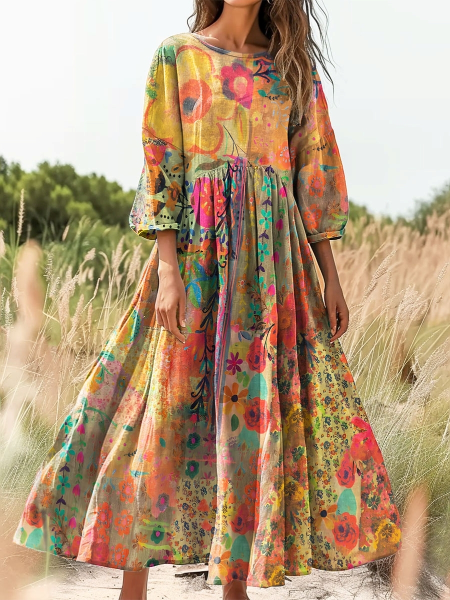 Women's Vintage Watercolor Flower Collage Art Print Casual Cotton And Linen Shirt