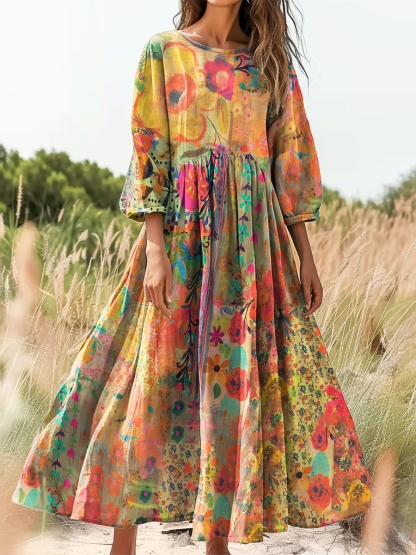 Women's Vintage Watercolor Flower Collage Art Print Casual Cotton And Linen Shirt