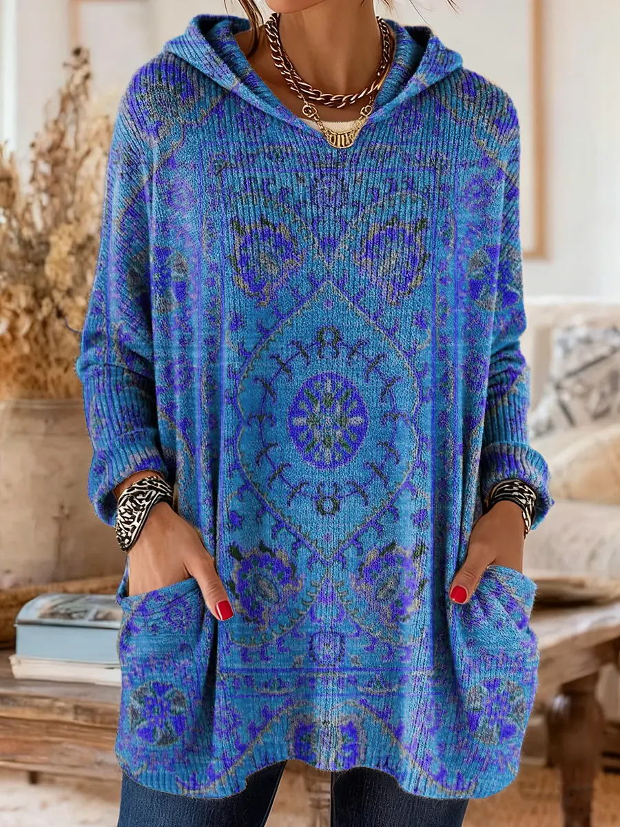Women's Retro Ethnic Totem Art Print Casual Knitted Pocket Hooded Tunic Top