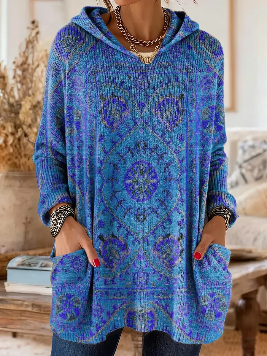 Women's Retro Ethnic Totem Art Print Casual Knitted Pocket Hooded Tunic Top