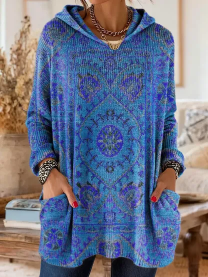 Women's Retro Ethnic Totem Art Print Casual Knitted Pocket Hooded Tunic Top