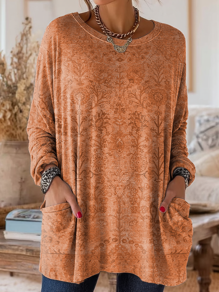 Women's Retro Ethnic Art Print Casual Long-Sleeve Round Neck Cotton T-Shirt