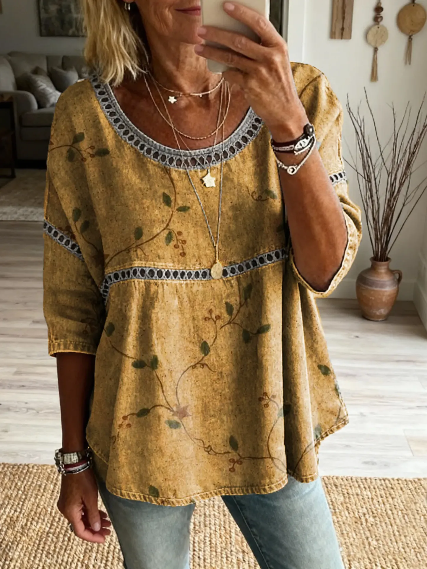 Women's Vintage Floral Art Print Casual Round Neck Cutout Top