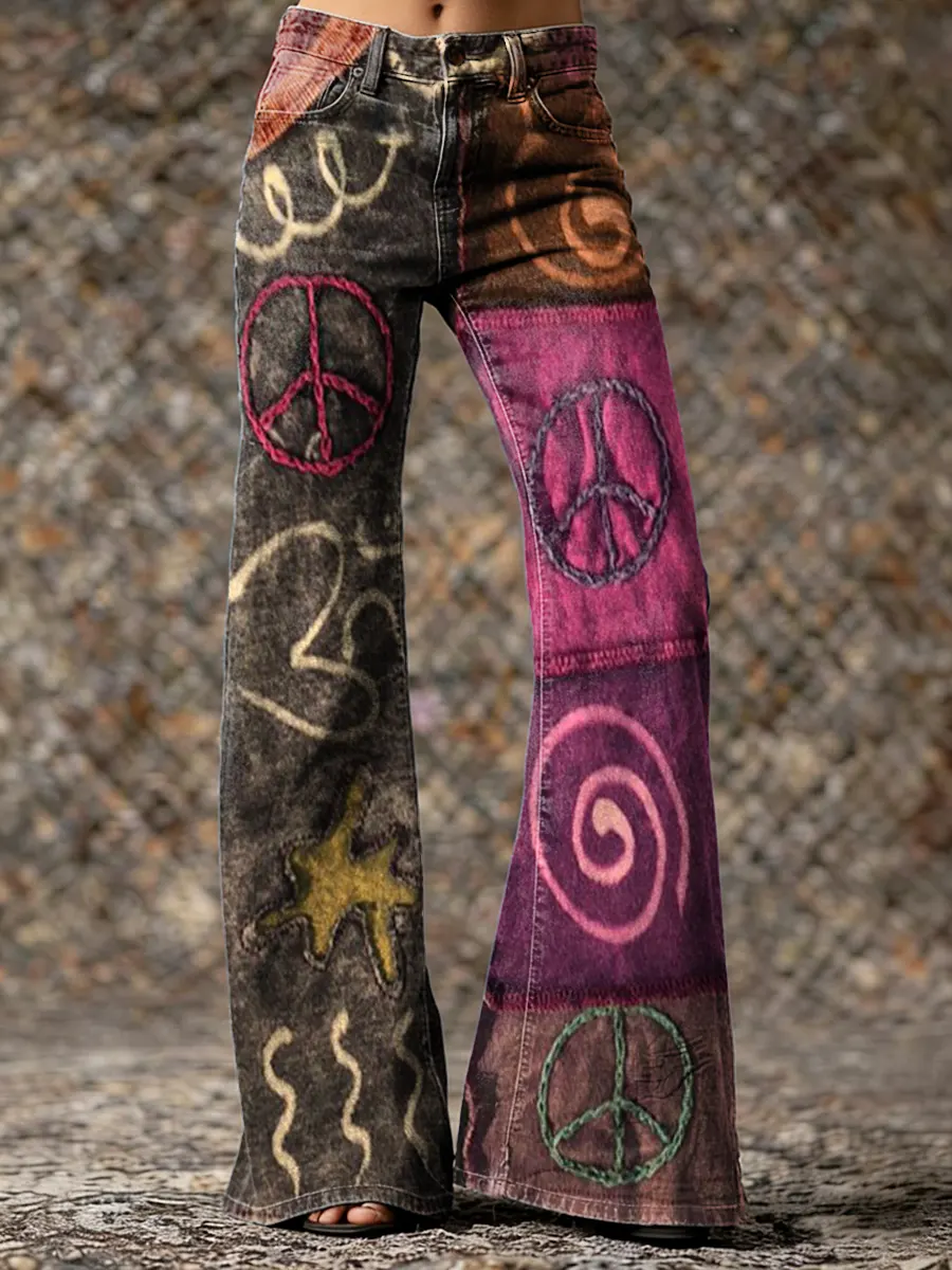 Women's Boho-print Artistic Washed Denim Jeans