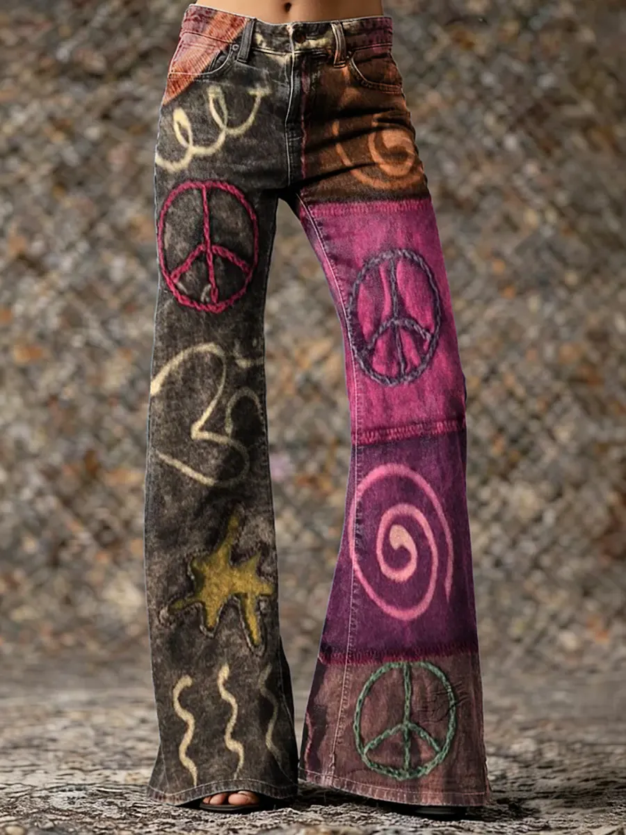 Women's Boho-print Artistic Washed Denim Jeans