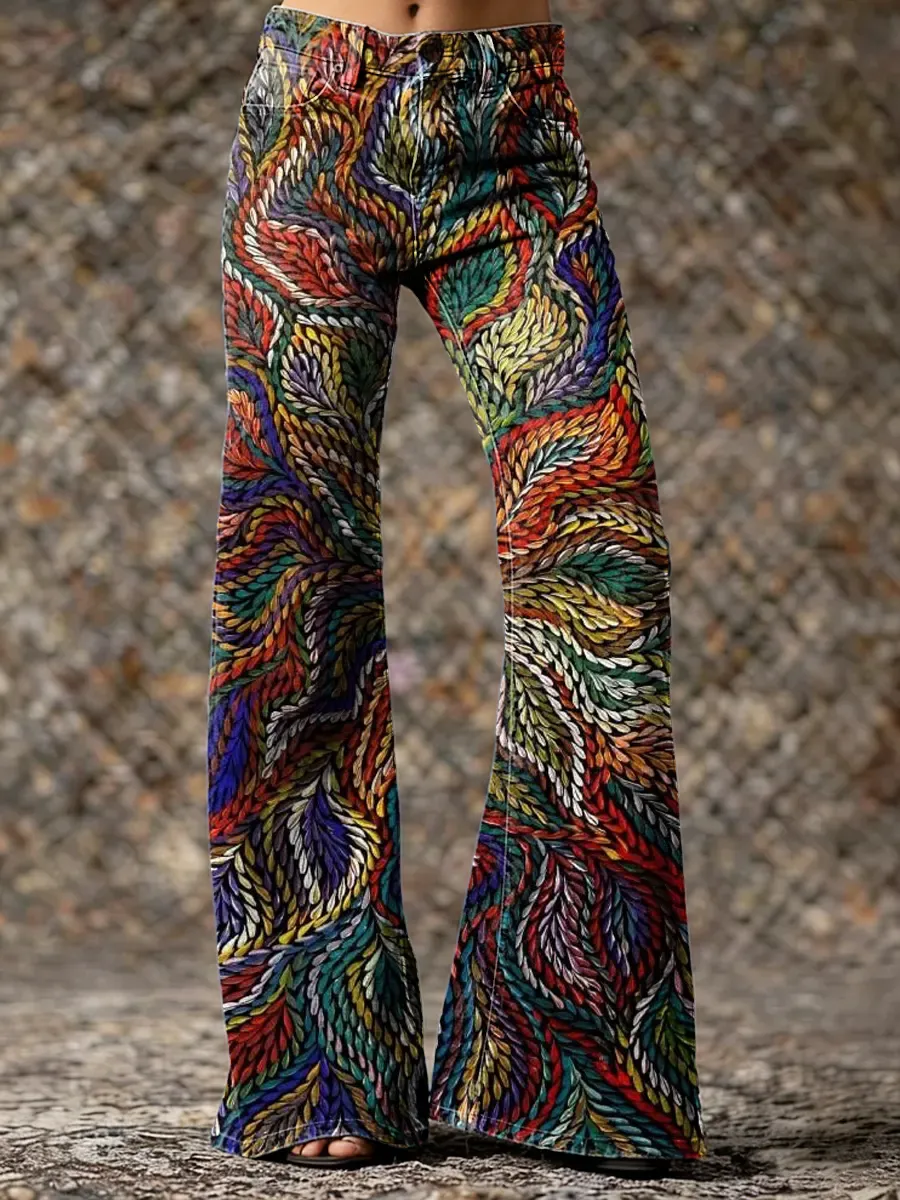 Women's Vintage Ethnic Floral Print Artistic Washed Denim Jeans