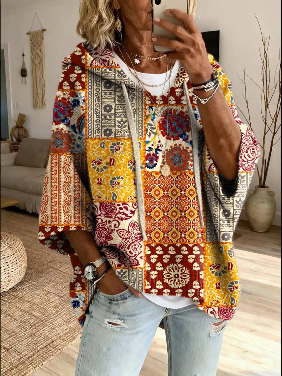 Women's Bohemian Ethnic Patchwork Print Hooded Knit Sweater