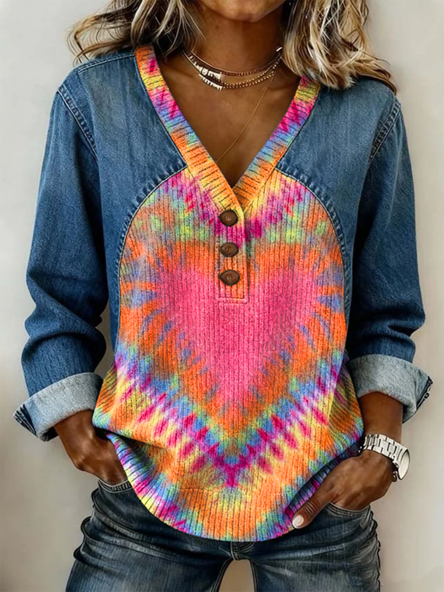 Women's Retro Colorful Heart Tie-dye Art Print Casual Long-sleeve V-neck Washed Cotton Denim And Knitwear Combination T-shirt