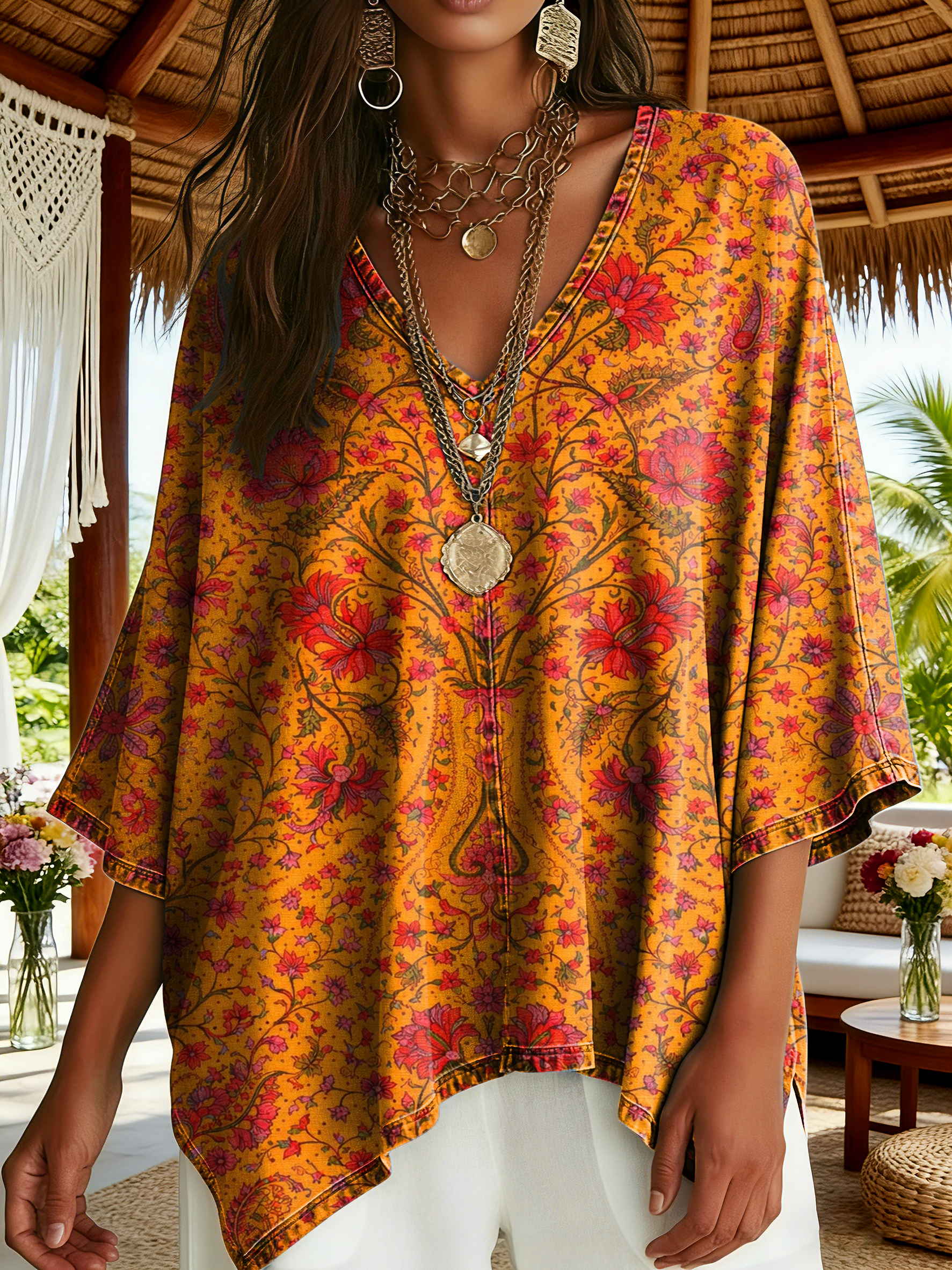Women's Vintage Orange Ethnic Floral Art Print Casual V-neck Loose Bat Sleeve Denim Top