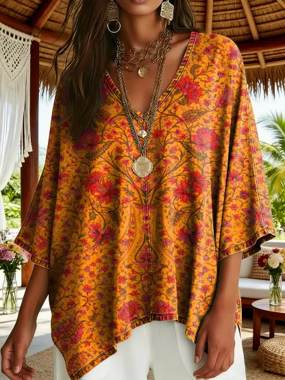 Women's Vintage Orange Ethnic Floral Art Print Casual V-neck Loose Bat Sleeve Denim Top