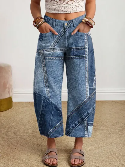 Women's Denim-colored Patchwork Pattern Art Print Jeans