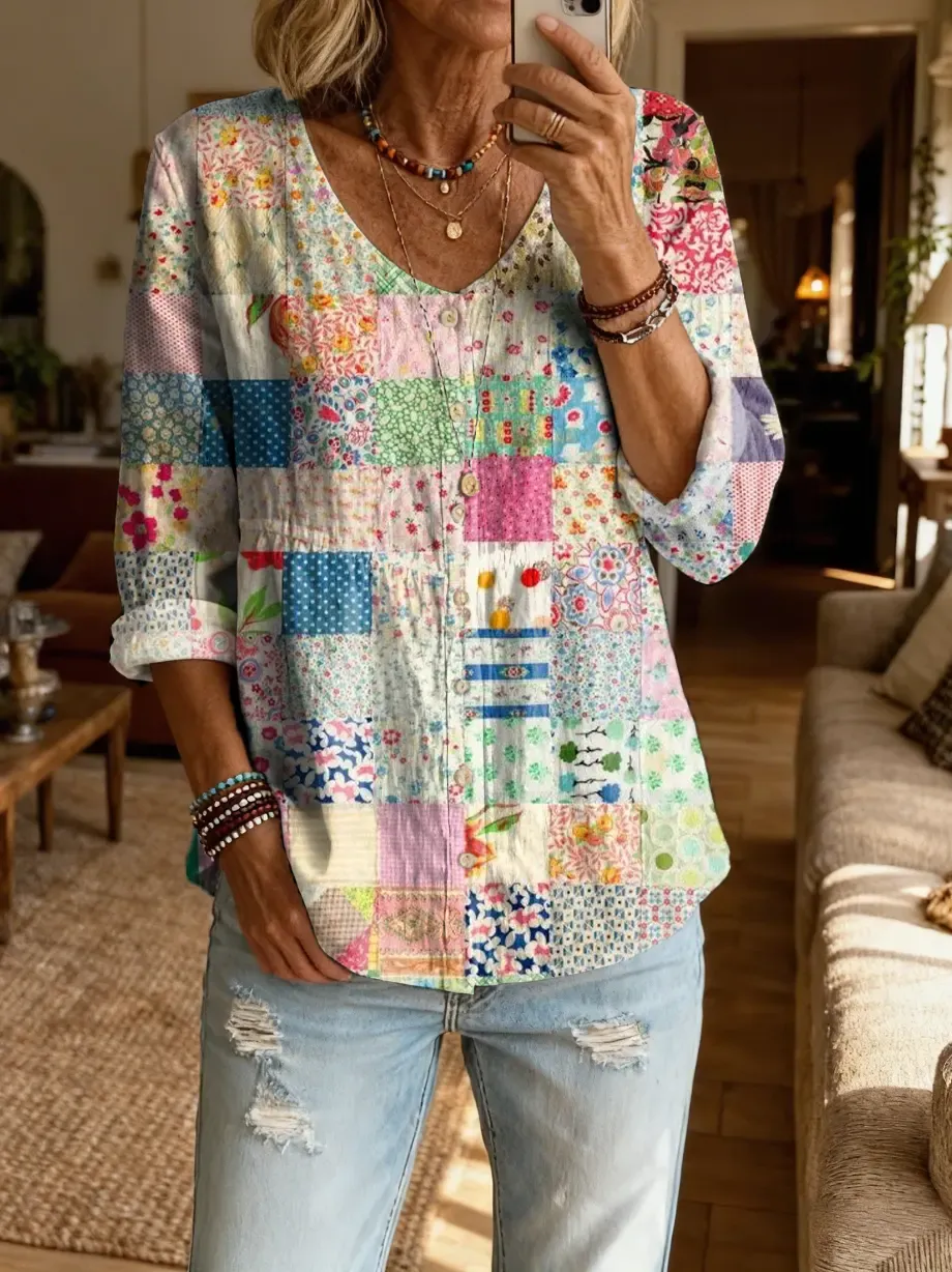 Women's Retro Patchwork Colorful Floral Art Print Casual V-Neck Top
