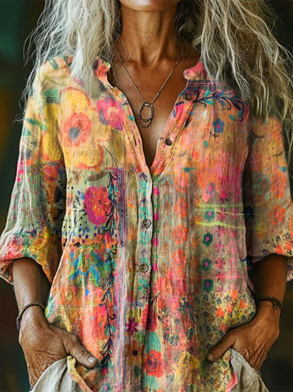Women's Vintage Watercolor Flower Collage Art Print Casual Cotton And Linen Shirt