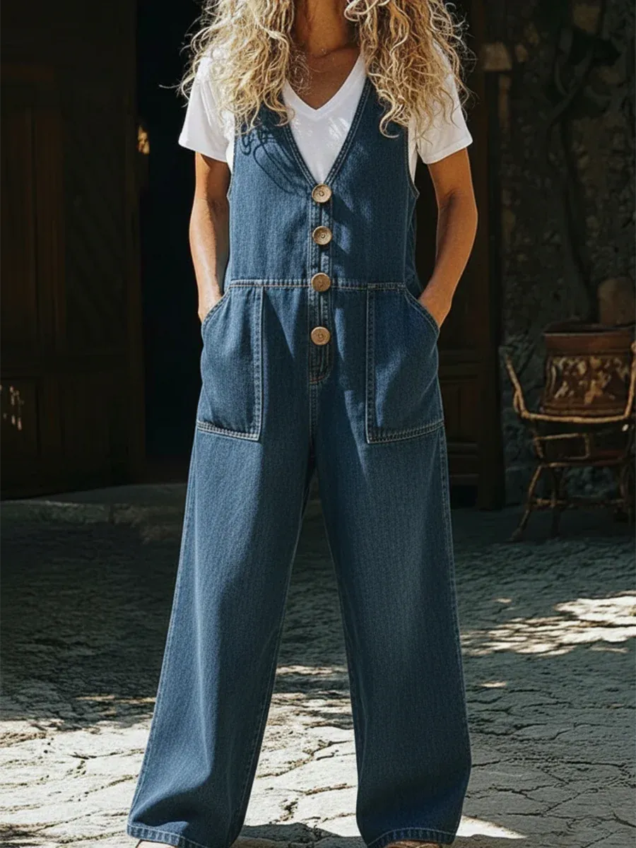 Women's Casual V-neck Button-up Denim Jumpsuit Overalls