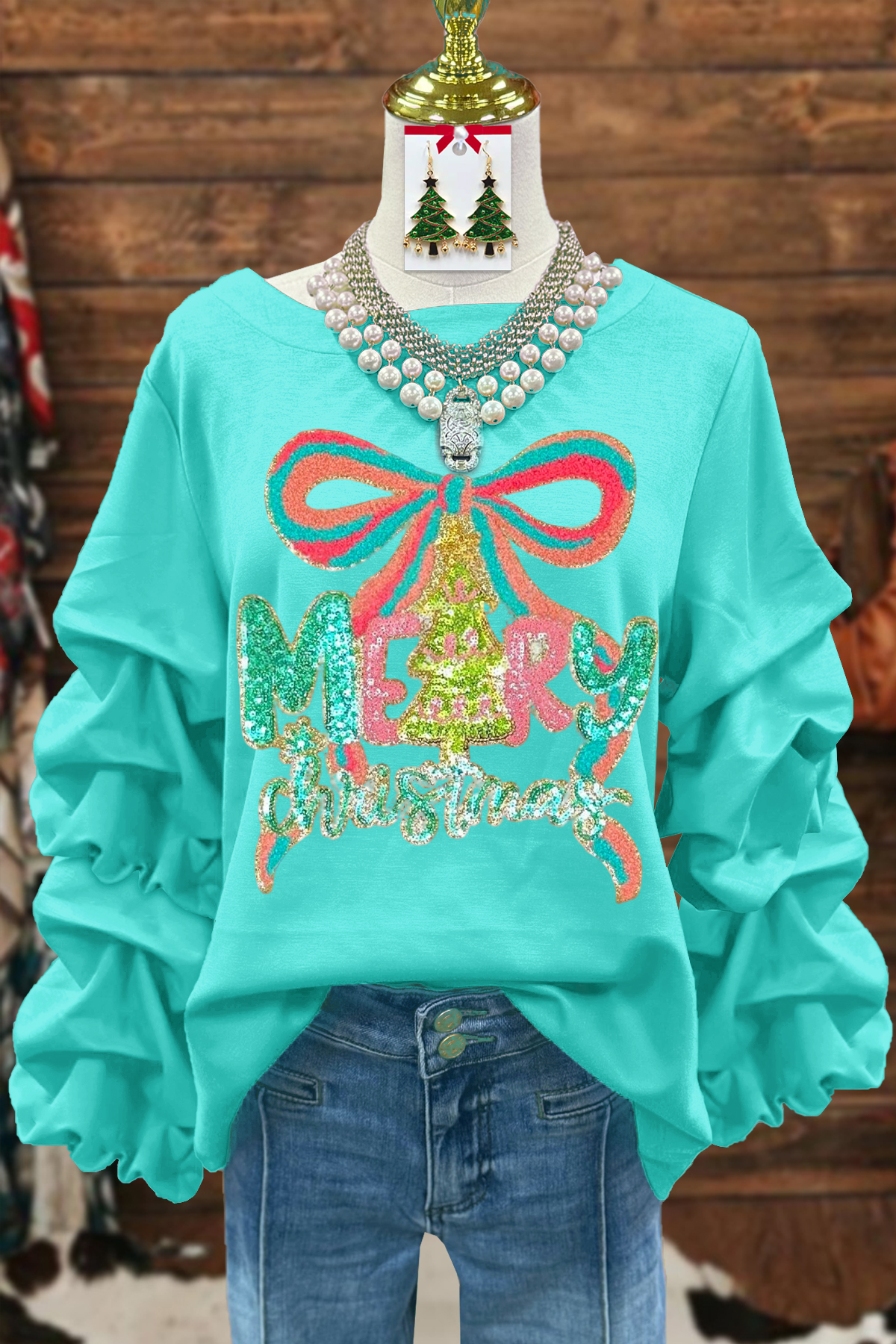 Merry Christmas Bow Pleated Sweatshirt
