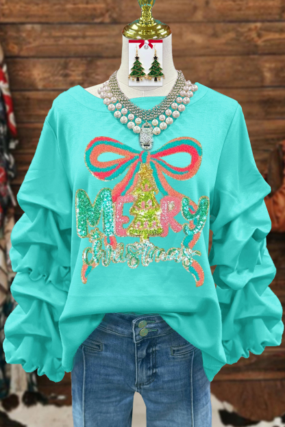 Merry Christmas Bow Pleated Sweatshirt