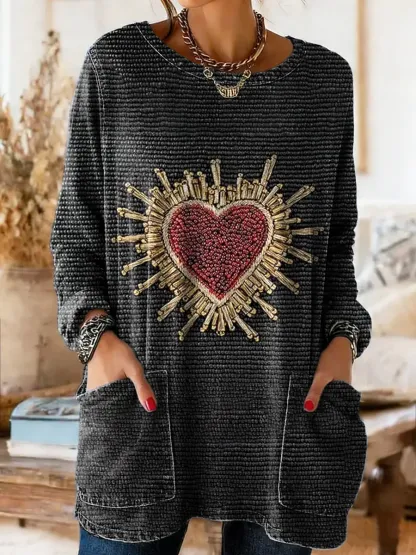 Women's Artistic Heart Pattern Printed Casual Long-sleeve Crew Neck Pocket Cotton Denim T-shirt