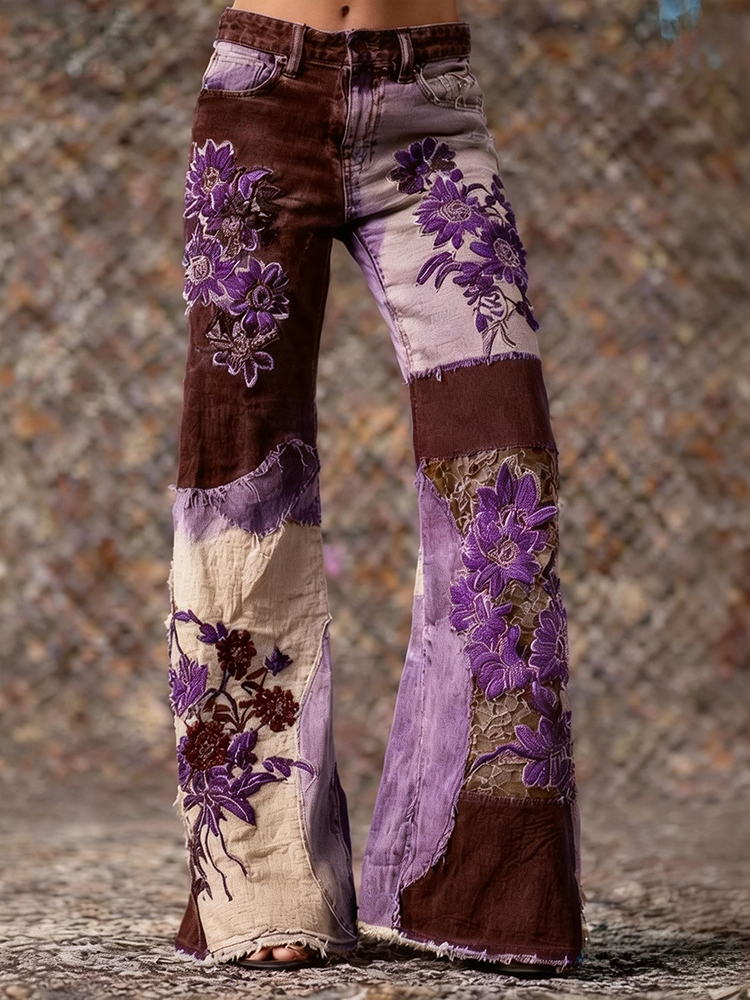 Women's Retro Bohemian Floral Art Print Casual Jeans