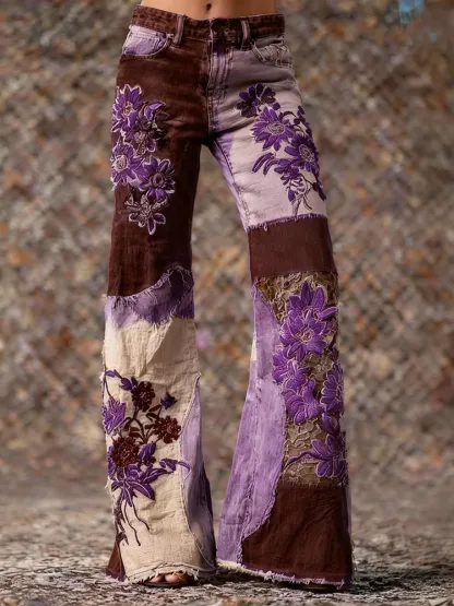 Women's Retro Bohemian Floral Art Print Casual Jeans