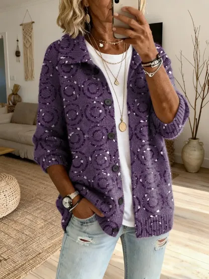 Women's Bohemian Art Print Button Comfortable Knit Cardigan