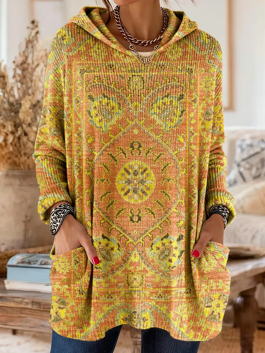 Women's Retro Ethnic Totem Art Print Casual Knitted Pocket Hooded Tunic Top
