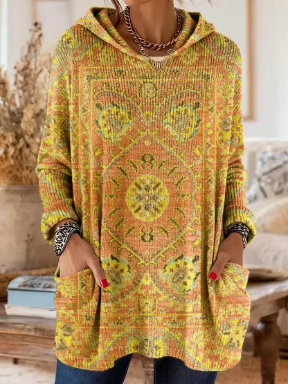 Women's Retro Ethnic Totem Art Print Casual Knitted Pocket Hooded Tunic Top
