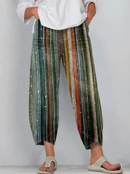 Women's Art Print Denim Jeans With Shimmering Vertical Stripes