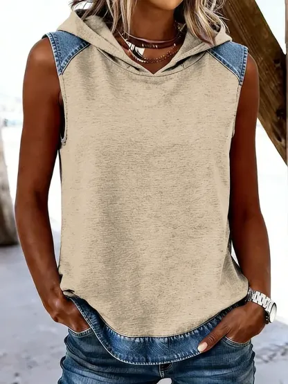 Women's Denim Patchwork Hooded Sleeveless Top