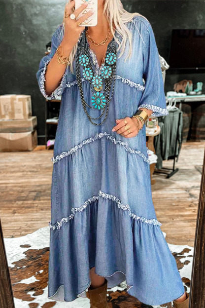 Washed Denim Frayed Beach Cake Maxi Dress