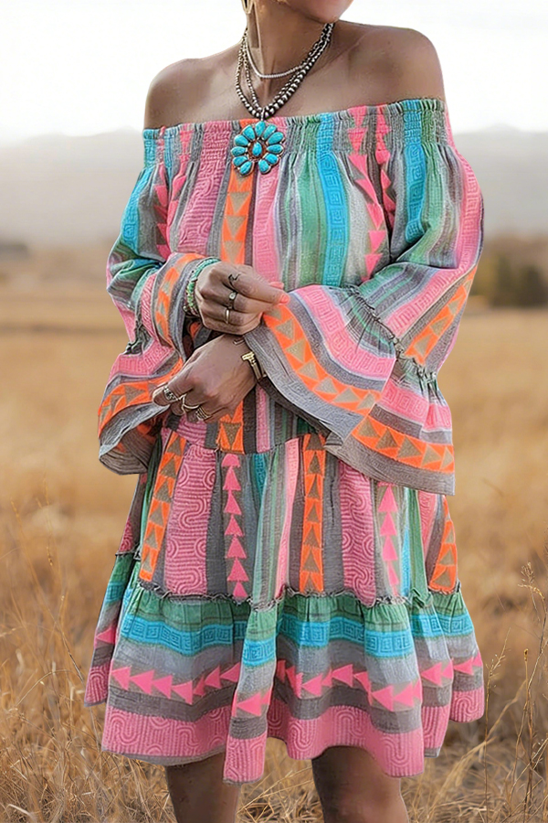 Resort Cotton Colorful Striped Ruffled Elastic Neck Midi Dress