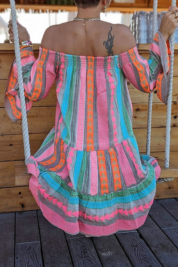 Resort Cotton Colorful Striped Ruffled Elastic Neck Midi Dress