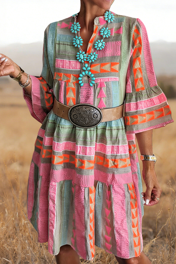 Colorful Striped Cotton Ruffled Sleeves Midi Dress