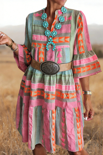 Colorful Striped Cotton Ruffled Sleeves Midi Dress