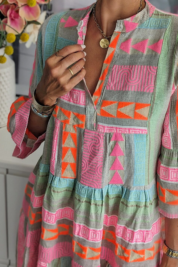 Colorful Striped Cotton Ruffled Sleeves Midi Dress