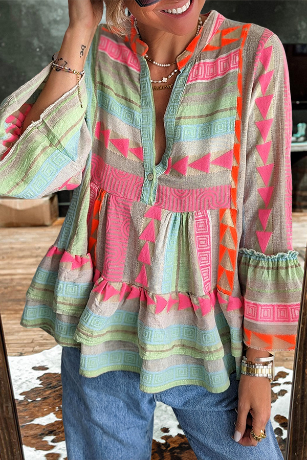 Cotton Colorful Striped Ruffle Sleeve Shirt