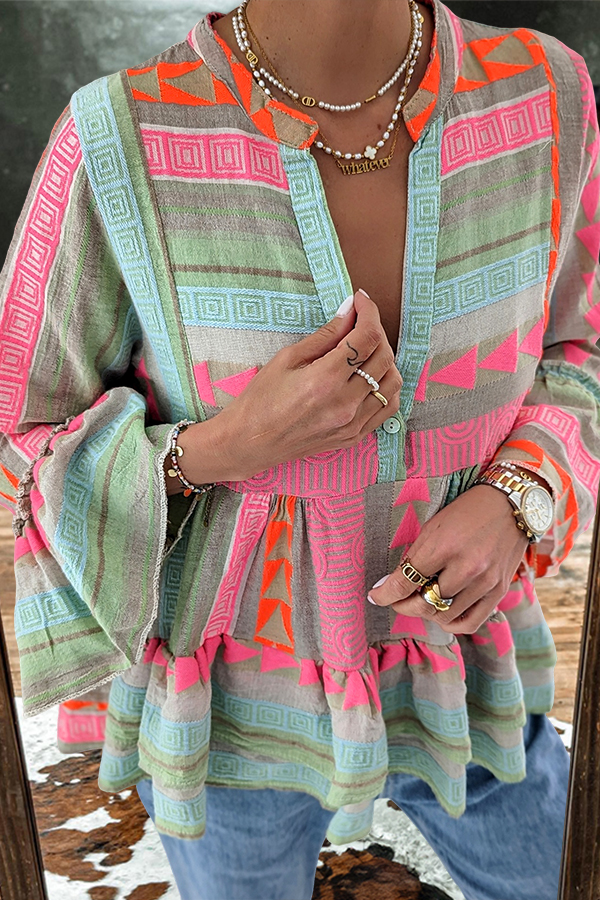 Cotton Colorful Striped Ruffle Sleeve Shirt