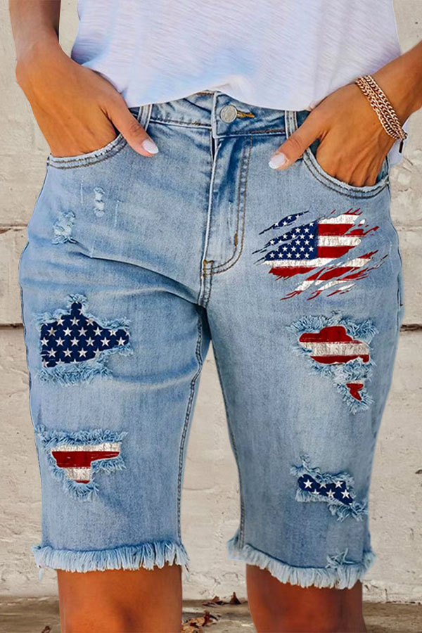 Vintage Ripped Usa Flag Denim Midi Pants