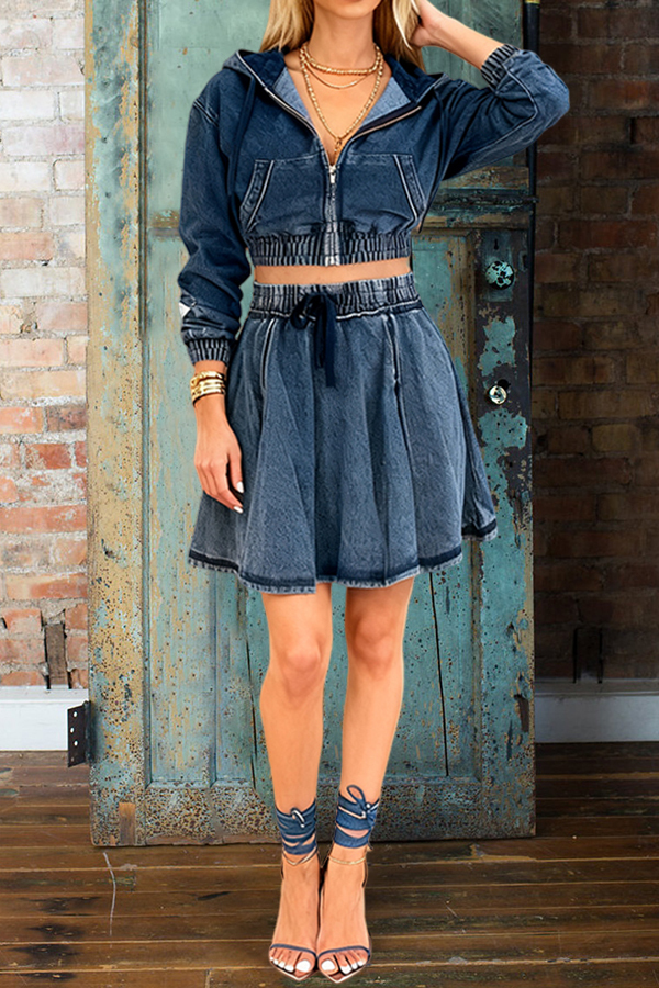 Casual Hooded Denim Jacket & Skirt Set