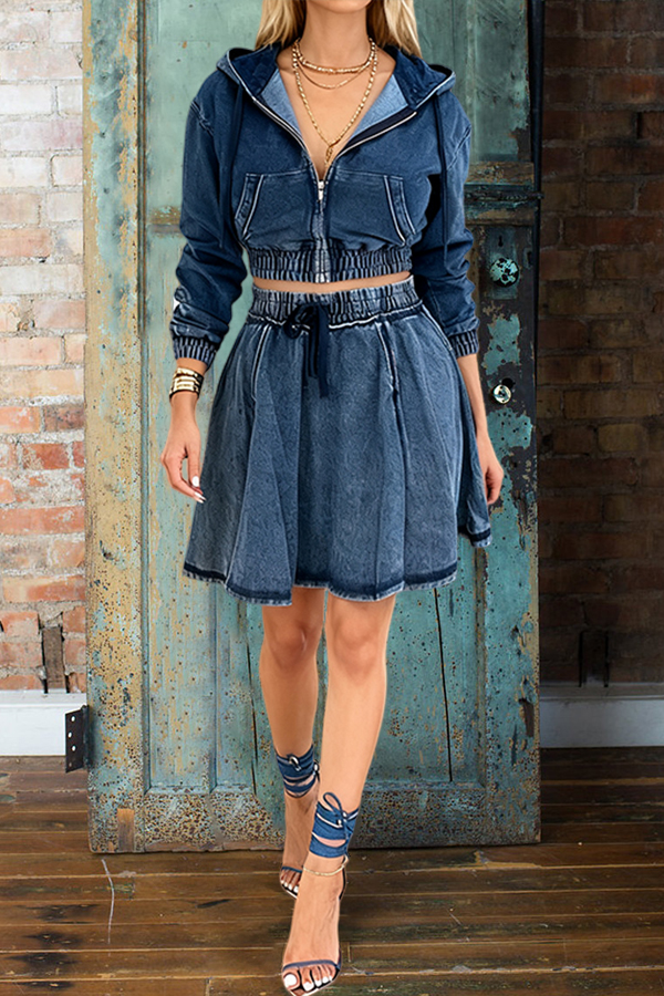 Casual Hooded Denim Jacket & Skirt Set