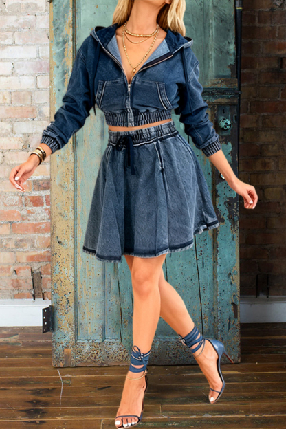 Casual Hooded Denim Jacket & Skirt Set