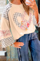 Sweet Love and Peace Plaid Floral Stitching Long Sleeve Sweatshirt