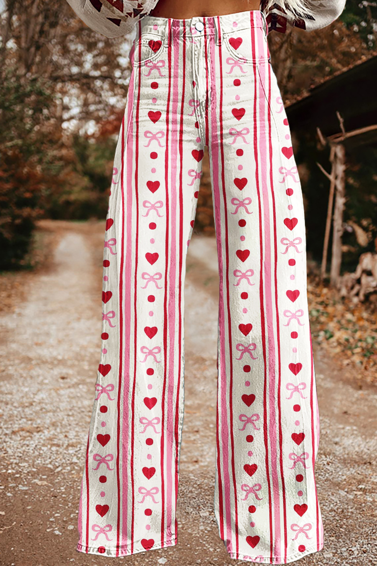 Valentine's Day Heart Print Wide-Leg Pants