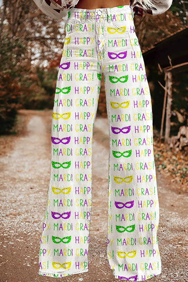 Mardi Gras Print Wide-Leg Pants