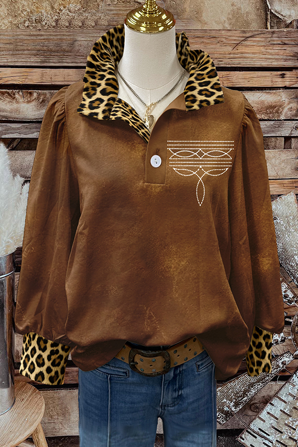 Western Boot Stitch Leopard Print Blouses