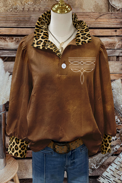 Western Boot Stitch Leopard Print Blouses