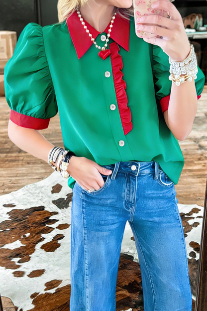 Classic Color Block Puff Sleeve Blouses