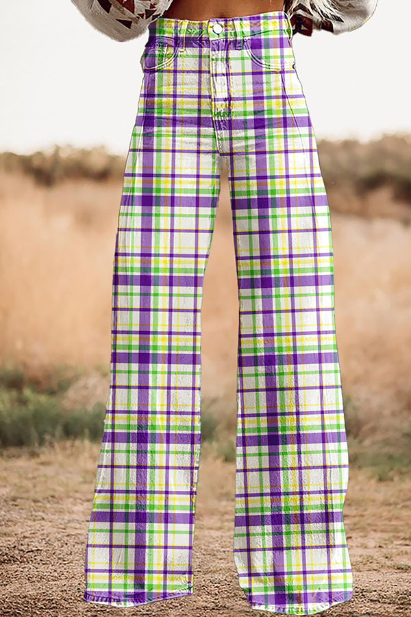 Mardi Gras Plaid Wide-Leg Pants